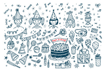 Birthday set. Children's Birthday Party. Funny Kids. Boys and girls in festive paper hats and Party Supplies. Hand drawn doodle Birthday Party elements. Happy Birthday. Vector Celebratory attributes