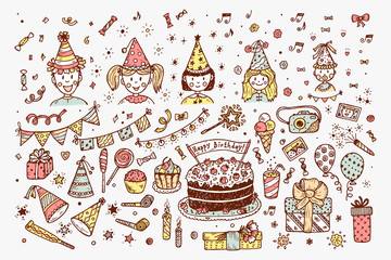Birthday set. Children's Birthday Party. Funny Kids. Boys and girls in festive paper hats and Party Supplies. Hand drawn doodle Birthday Party elements. Happy Birthday. Vector Celebratory attributes