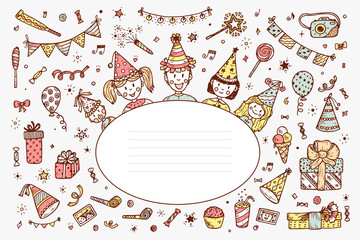 Birthday party elements vector set. Happy birthday card Template. Birthday elements. Hand Drawn Doodle children, birthday cake, sweets, bunting flag, gift, festive paper cap, festive attributes