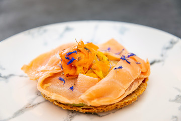 Asparagus salmon tartlets chiffonade, pickled vegetables, creamy creamy