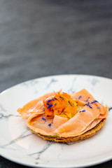 Asparagus salmon tartlets chiffonade, pickled vegetables, creamy creamy