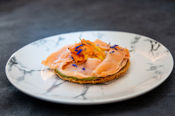Asparagus salmon tartlets chiffonade, pickled vegetables, creamy creamy