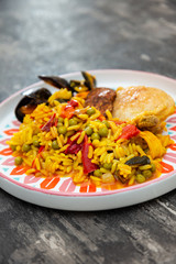 Prawn with rice - closeup of prawn with rice - traditionnal spanish food paella