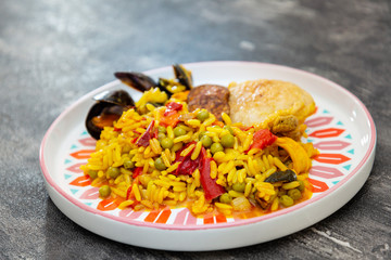 Prawn with rice - closeup of prawn with rice - traditionnal spanish food paella