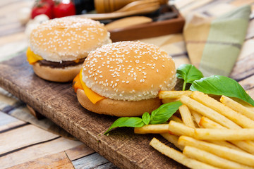 Cheese burger - American cheese burger with Golden French fries