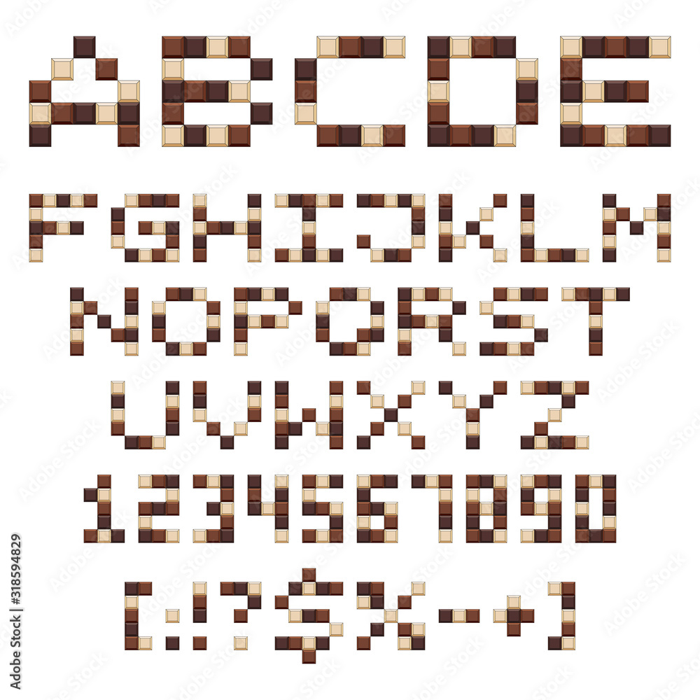 Poster chocolate alphabet, letters, numbers and signs. set of isolated vector objects on a white background