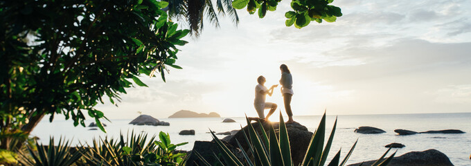 The guy makes an offer to the girl on a large stone on the seashore at sunset.