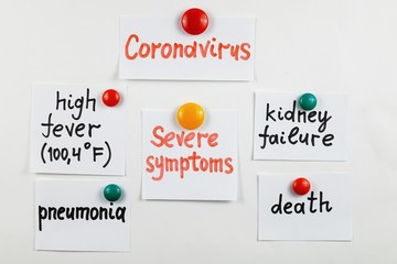 Pieces of paper with information about coronavirus on a whiteboard. Using visual aids
