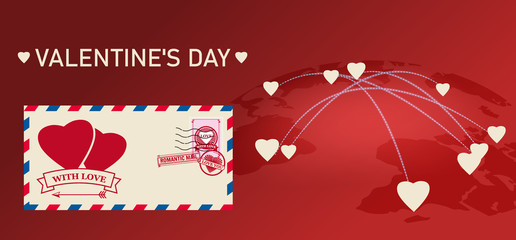 Valentines day Envelope mail hearts post stamps, map Earth delivery letters