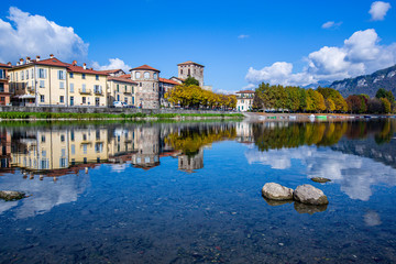 Brivio landscape reflected on the Adda river with the bridge