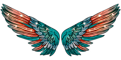 Beautiful magic glittery sparkling green orange wings, hand drawn vector