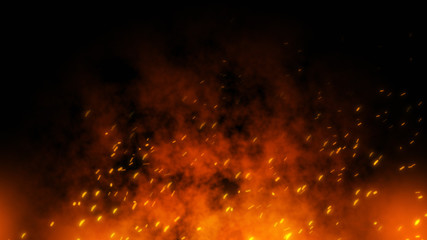 Fire embers particles over black black background. Fire sparks background. Abstract dark glitter...