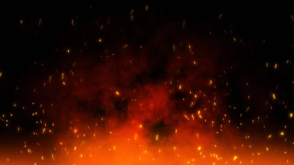 Sierkussen Fire embers particles over black black background. Fire sparks background. Abstract dark glitter fire particles lights. © ATKWORK888