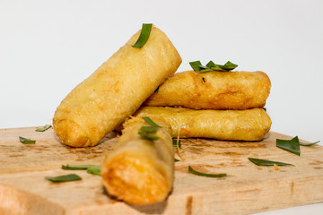 Risoles snack, iconic traditional food from Indonesia. Fried food is one of the popular snacks in Indonesia. Wheat flour contains vegetables with a white background.