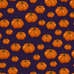 Seamless pattern with hand drawn pumpkins. Endless texture with autumn vegetables on dark violet background for your design