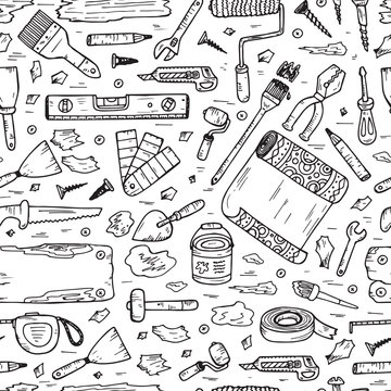House repair tools vector Seamless pattern. Home improvement icons. Hand Drawn Doodle Tools. Housework