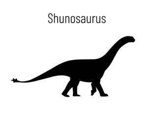 Shunosaurus. Sauropodomorpha dinosaur. Monochrome vector illustration of silhouette of prehistoric creature shunosaurus isolated on white background. Stencil. Huge fossil dinosaur.