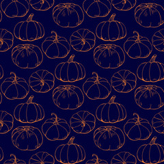 Seamless pattern with hand drawn outline pumpkins. Endless texture with orange contour squashes on dark violet background for your design
