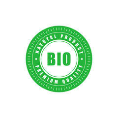 Bio natural product premium quality green badge. Design element for packaging design and promotional material. Vector illustration.