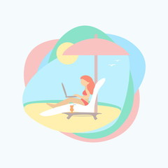 Girl with a laptop on the beach. Color flat illustration. Vector 10 EPS.
