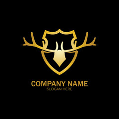 Creative Deer Golden Shield Logo Design Symbol Vector Illustration.