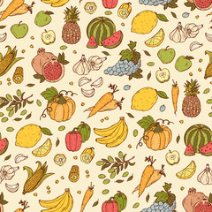 Vegetables and fruits seamless pattern. Hand drawn doodle Fresh Fruit and Vegetable. Colorful background
