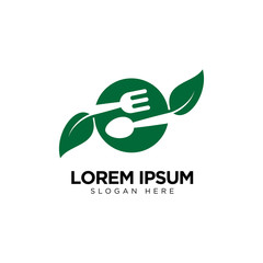 Healthy Food Logo with Spoon and Leaf, Restaurant Logo Design Template