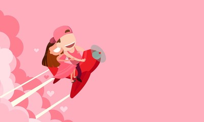 Cute cartoon Wedding couple men and women card drives airplane  launch and smoke through cloud into space. Startup - flat design. Vector illustration, cute Valentine's Day card