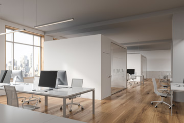 Workspace in stylish white open space office