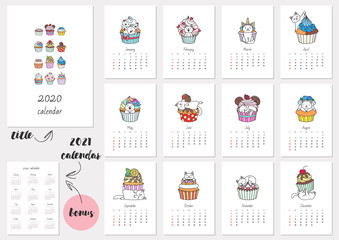 Calendar 2020. Monthly calendar 2020 template with cute white cats playing with cupcakes. Bonus - 2021 calendar. Vector illustration 8 EPS.