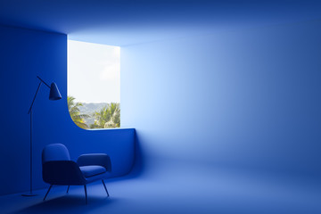 Blue living room interior with armchair