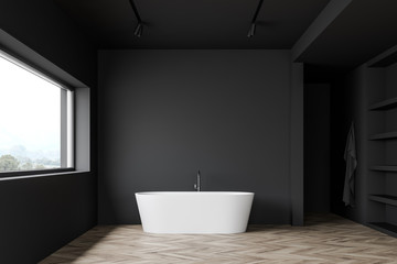 Fototapeta na wymiar Loft gray bathroom with tub and shelves