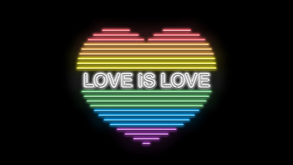 Fototapeta na wymiar LGBT Love is Love text and sign neon light on black background, holidays and international calendar events, sales and marketing 3D neon light illustration.