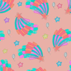 Rainbow and stars. Seamless pattern. Cute children's print, fantasy cartoon. Girlish drawing for the interior. Background, wallpaper. Holiday, mood. children's style. Hand watercolor illustration Seam
