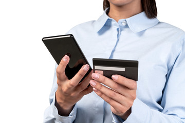Businesswoman with phone and credit card, isolated