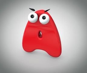 Isolated 3D illustrations. The letter A is red with eyes on a gradient background from white to gray. 