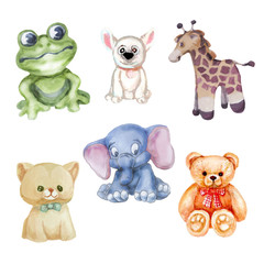  set card teddy bears elephants toys bows watercolor hand-drawn children's bright juicy funny cartoon