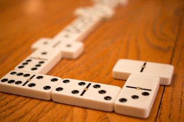 Playing Dominoes on a wooded table 