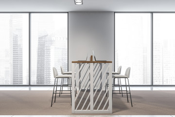 White coworking area in panoramic office