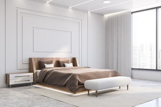 Panoramic white master bedroom corner