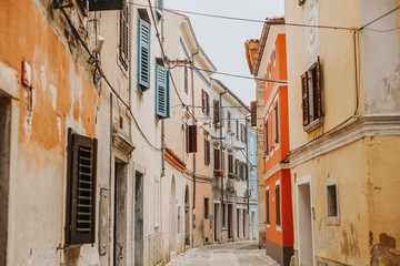 Ancient streets of Izola town in Slovenia