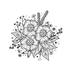 Black and White Flower garland template for invitation card. Vintage Floral Background Design. Hand Drawn Bouquet , Leaves, Sprigs, Seeds, Grass. Vector illustration.