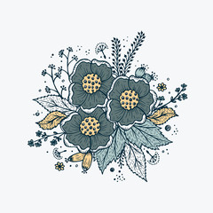 Flower garland template for invitation card. Vintage Floral Background Design. Hand Drawn Bouquet , Leaves, Sprigs, Seeds, Grass. Vector illustration.