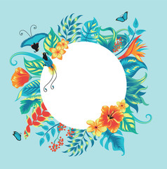 Summer tropical background banner with palm leaves and hibiscus flowers. Vector floral background.