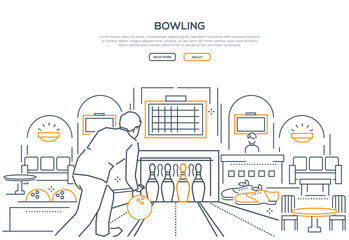 Playing bowling linear landing page vector template