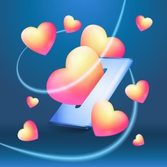 Realistic 3d phone, mobile, smartphone with save up likes, love, heart. Social media concept vector stock illustration. Design symbol online, internet, network collecting, grab blog, community views.