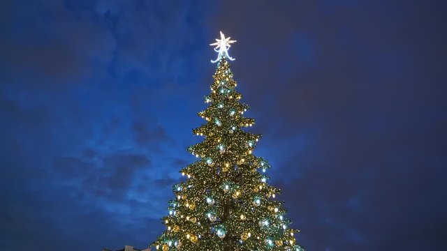 Christmas tree glittering lights against night sky, holiday season festive illumination