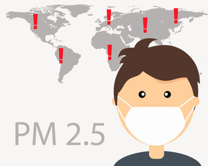 N95 Pollution Masks. Man wears mask for protect dust in air and world map background for warning about PM 2.5 .That 95% of fine particles are blocked by this mask.