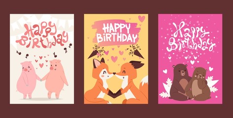 Happy birthday greeting card template, vector illustration. Cute animals romantic couple on valentine day. Happy pigs, foxes in love, adorable bears together. Birthday present, lovely valentine card