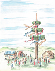 maypole celebration scene watercolor illustration